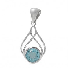 Round Blue Topaz Pendant, Sterling Silver